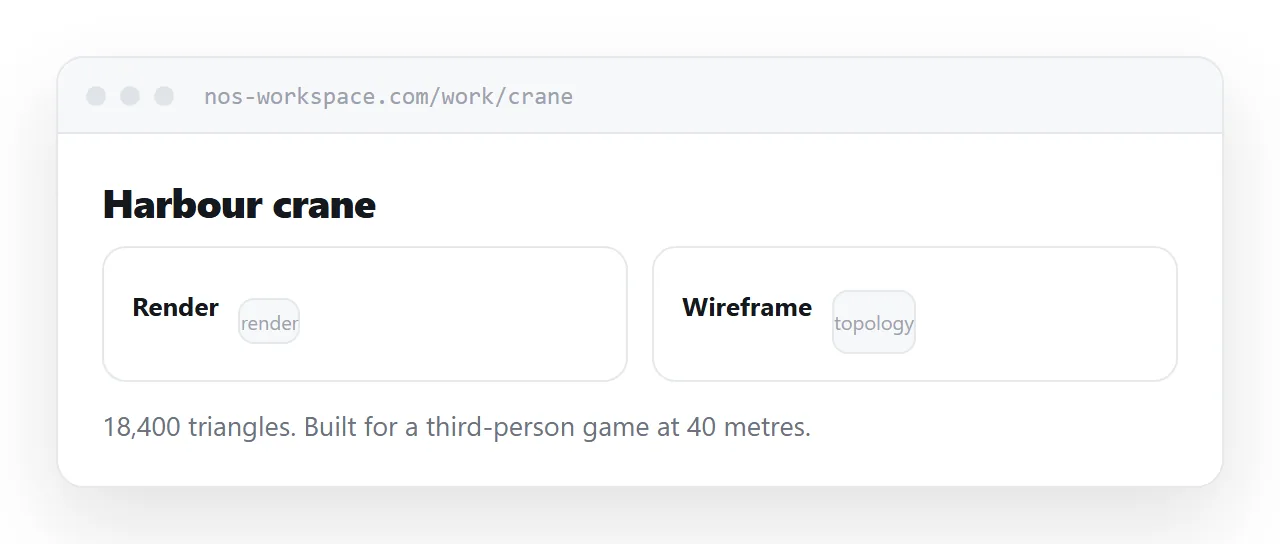 A render shown beside its wireframe and texture set.