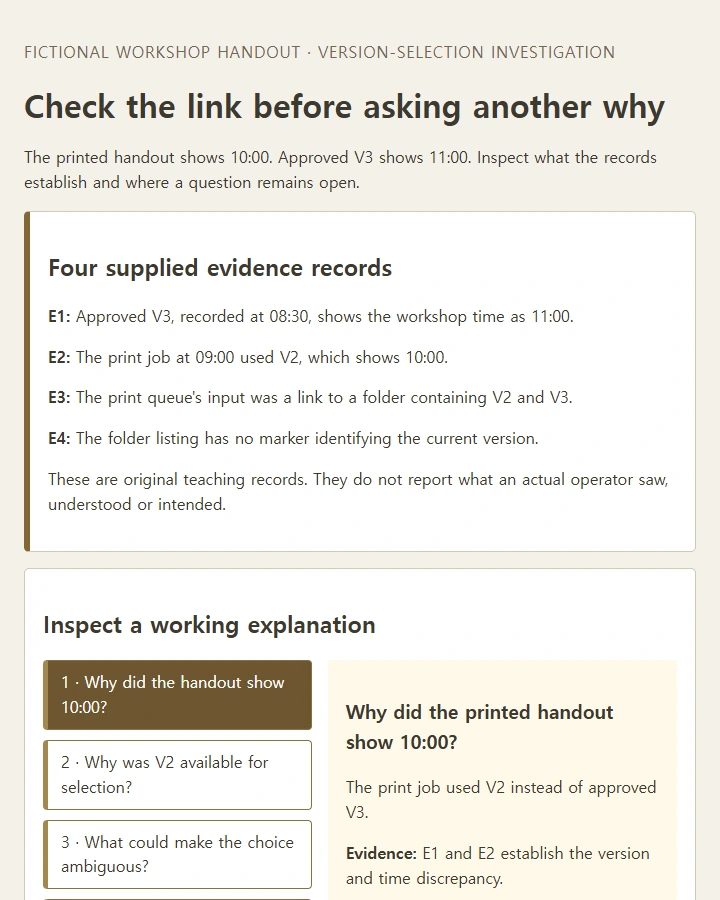 Inspect a version-selection chain and a competing explanation against the same evidence