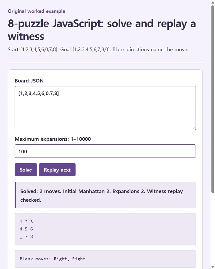 8-puzzle JavaScript: solve and replay a witness