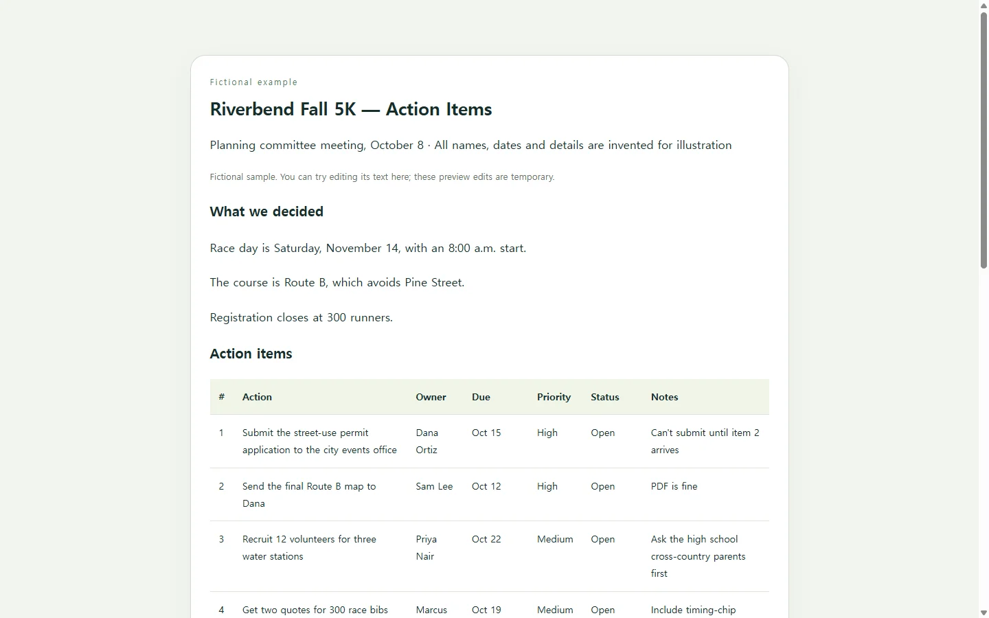 Riverbend Fall 5K — Action Items — fictional sample