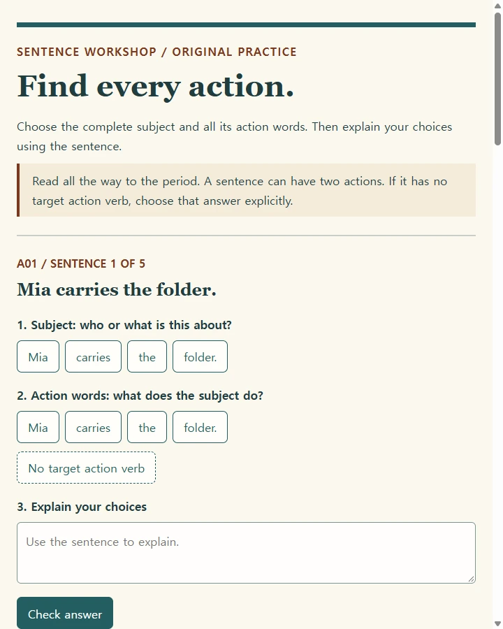 Find the action  Sentence workshop