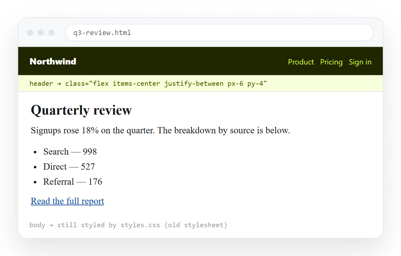 A page mid-conversion, with the header using utility classes and the body still on the old stylesheet.