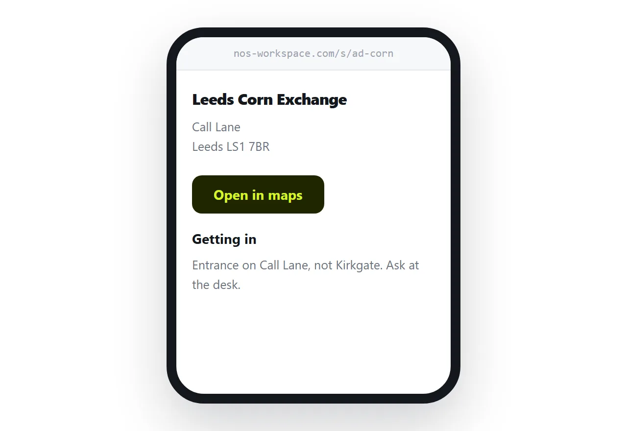 An address page on a phone. Address as text, a map link, then which entrance and which floor.