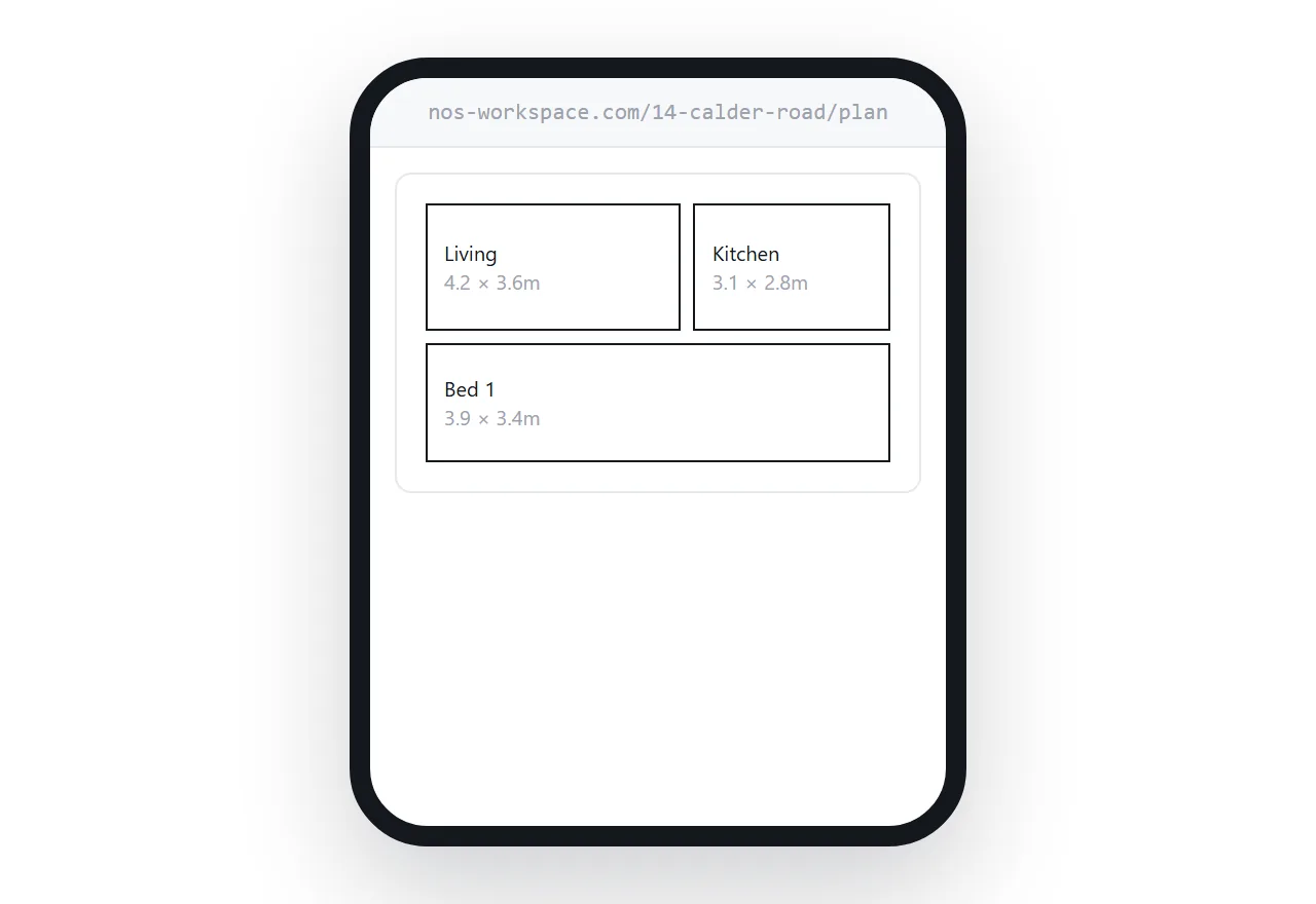 A floor plan opened full screen on a phone with room dimensions readable.
