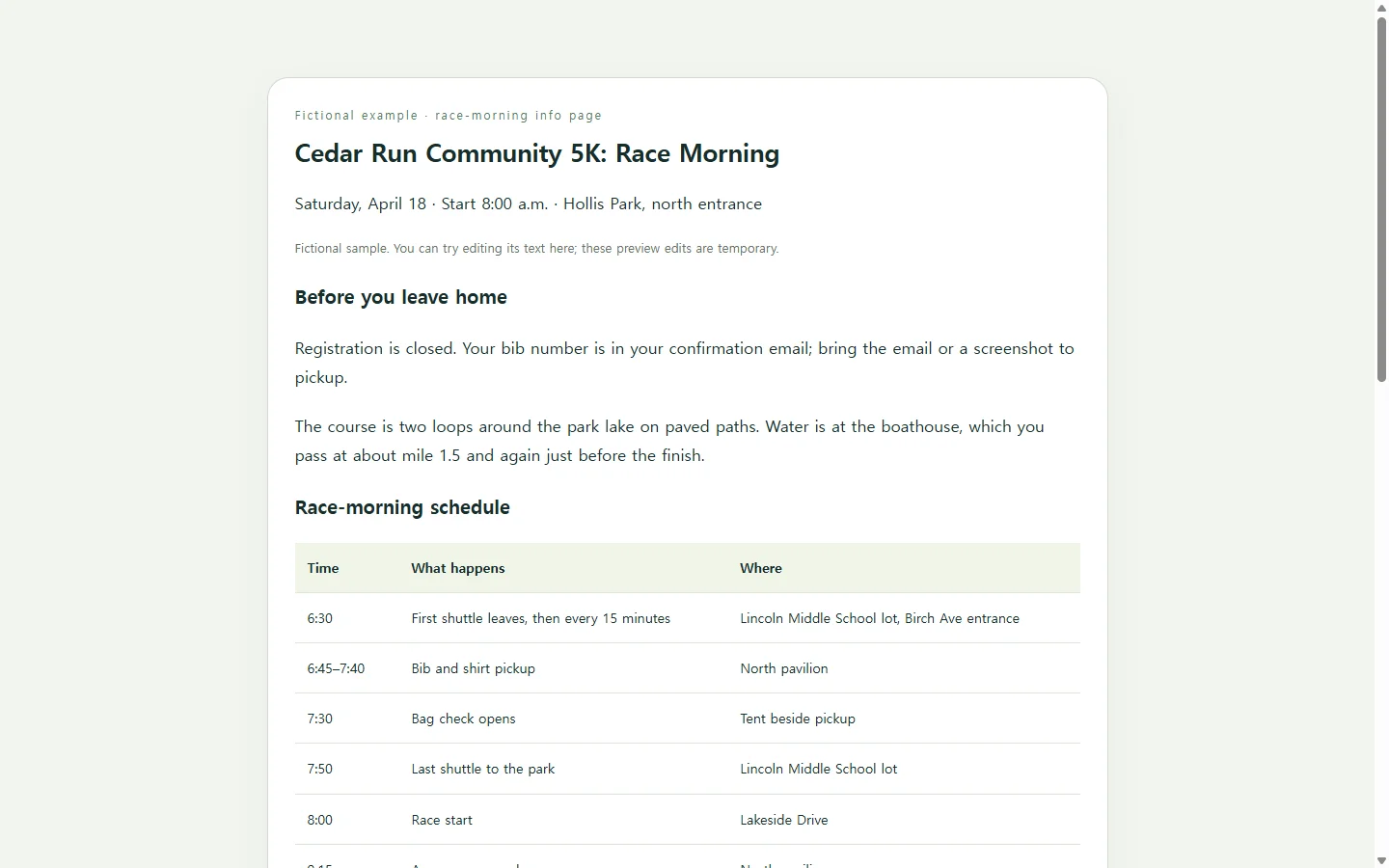 Cedar Run Community 5K: Race Morning — fictional sample