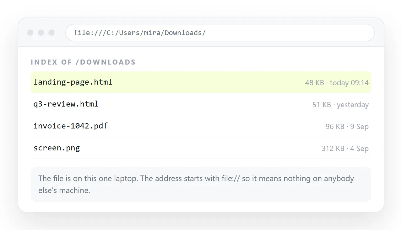 The generated page sitting in a downloads folder, with a file:// address in the bar.