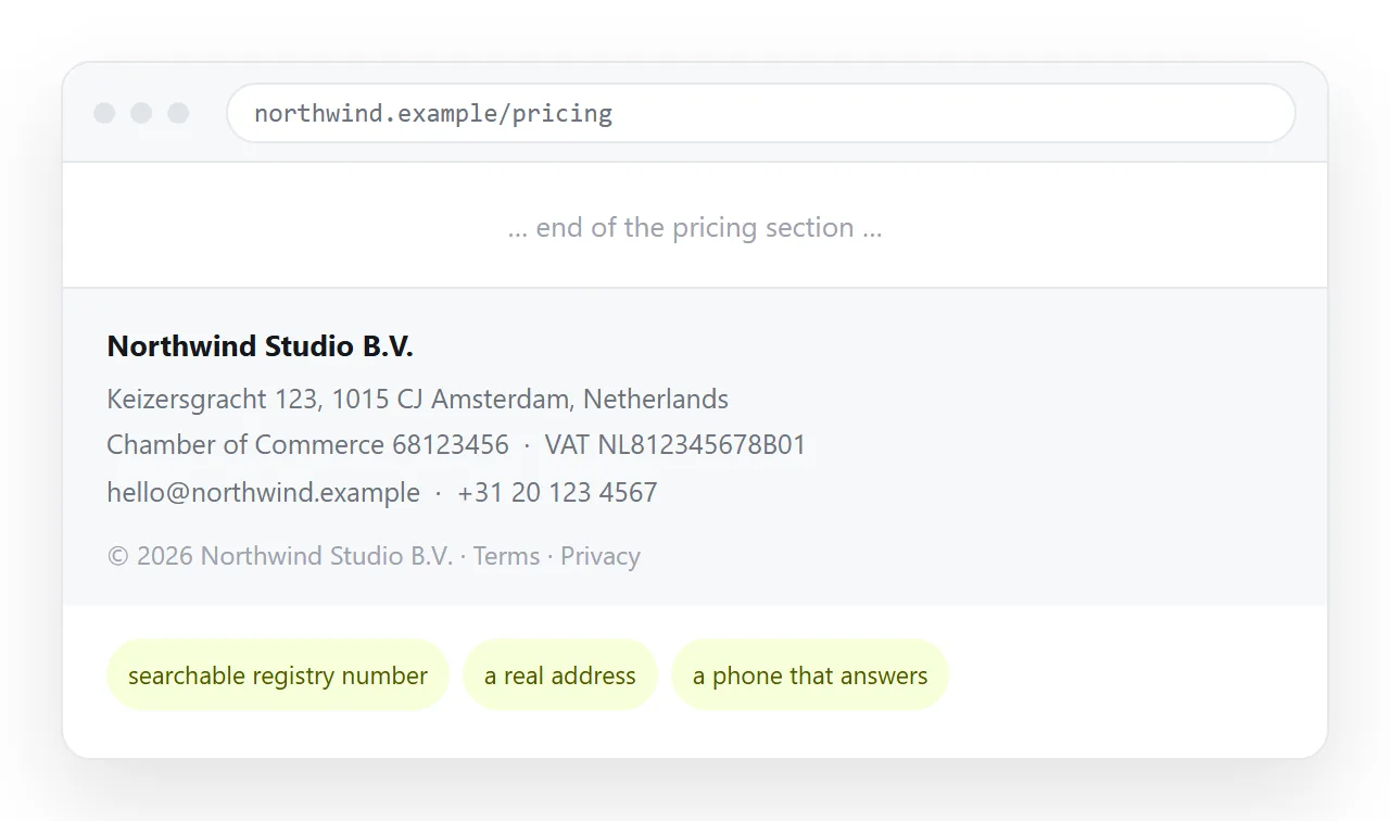 A site footer with a company name, address and registration details, the kind of thing worth cross checking.
