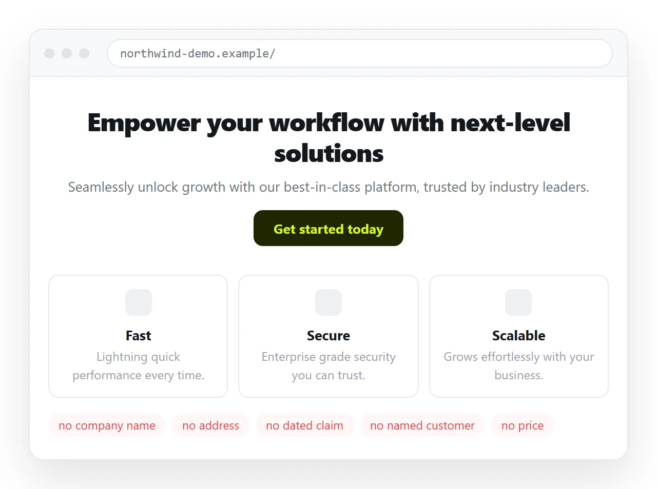 A generated marketing page with a centred hero, three feature cards and no verifiable detail anywhere.