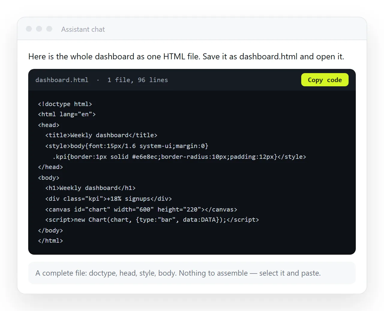 An assistant reply with a complete HTML file in the code block, ready to copy.
