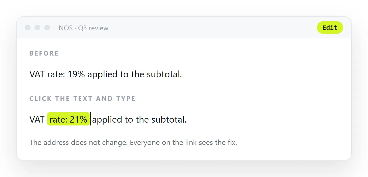 Correcting a rate by clicking the number in the document, with the link unchanged.