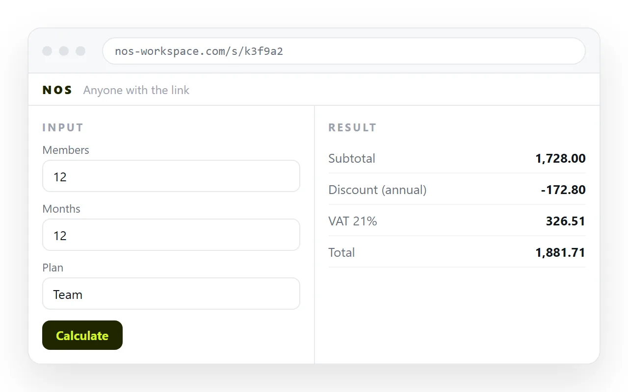 The tool pasted into a NOS document, running as a page of its own with its own address.