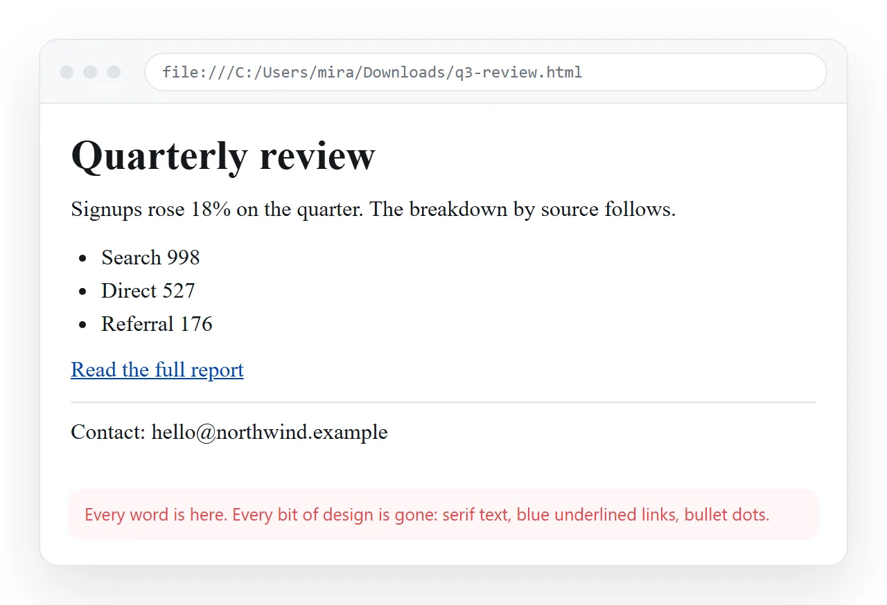 A page loading with its styling missing, which is the symptom to describe rather than diagnose.
