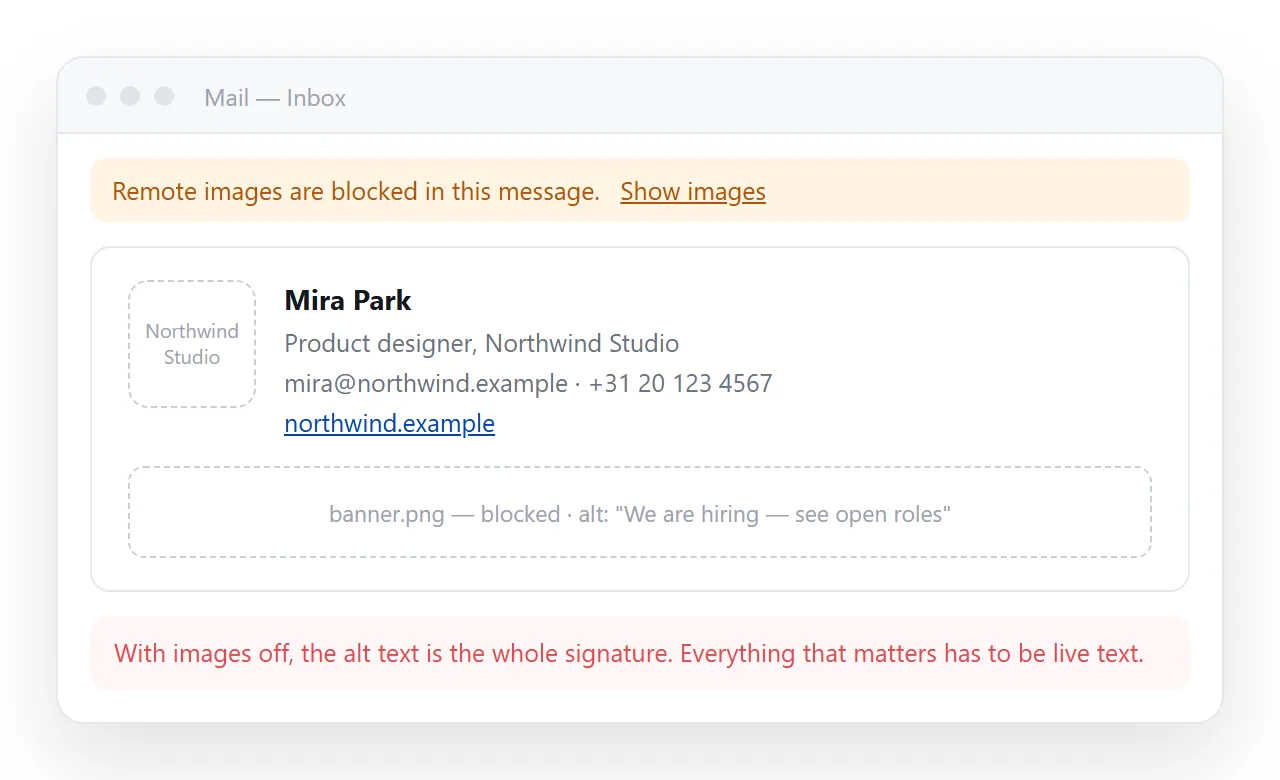 The same signature with remote images blocked, showing what the alt text has to carry.