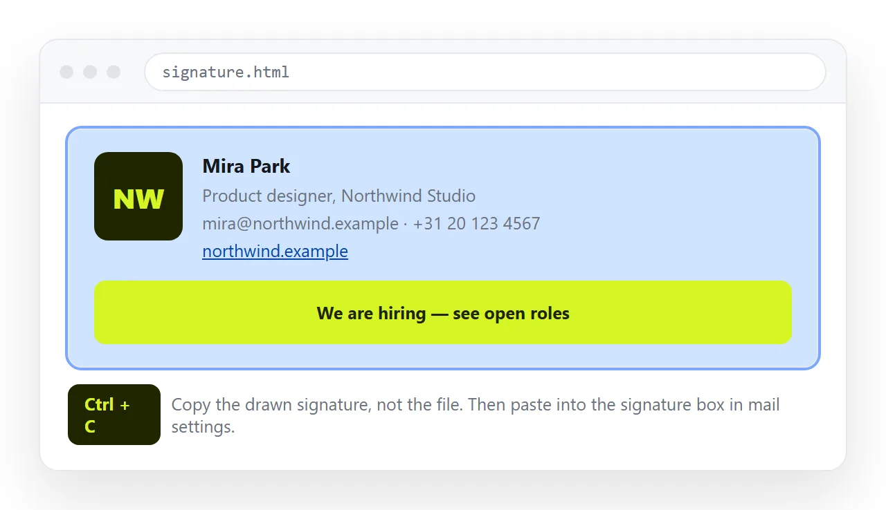 Selecting the rendered signature in a browser window before copying it into the signature field.