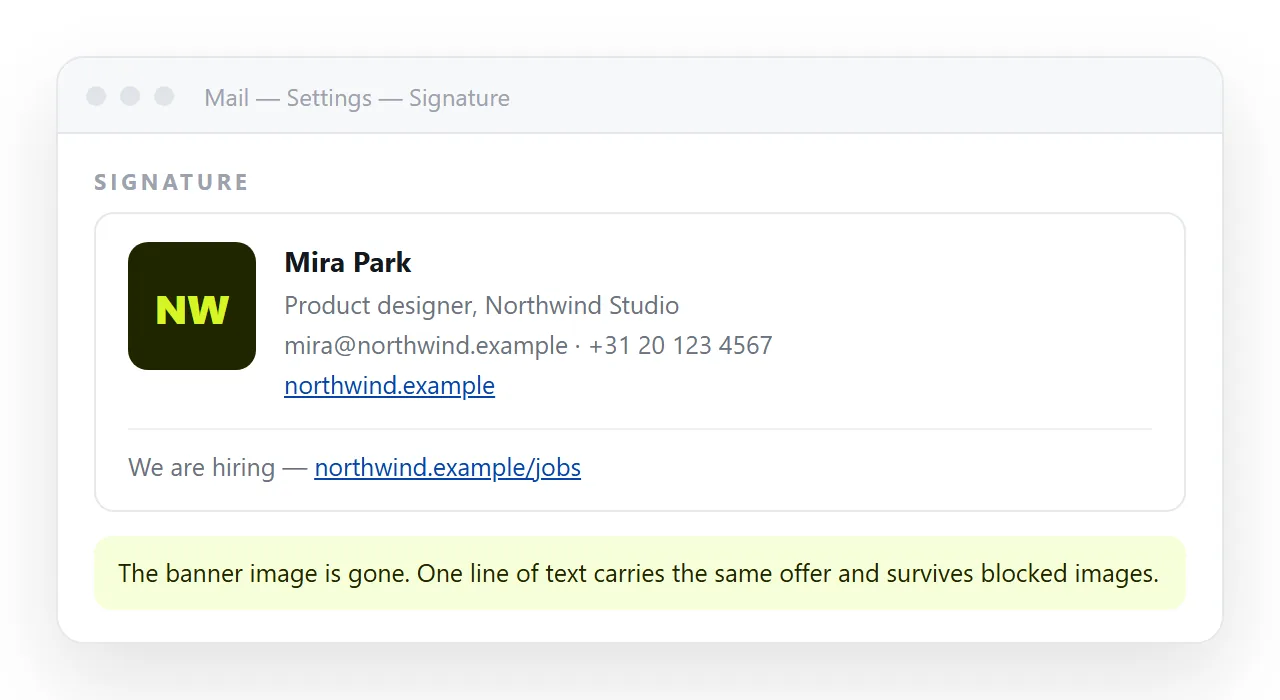 A signature with a single text link replacing a banner image.