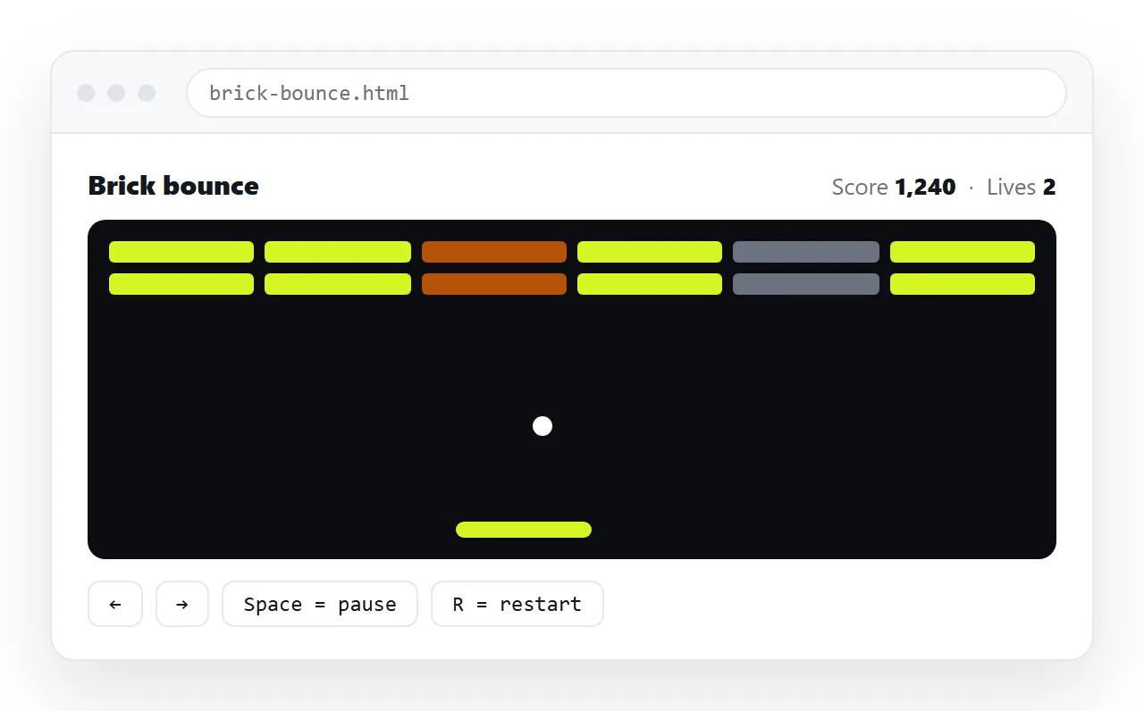 A generated browser game running in a window, with the canvas, score and controls visible.