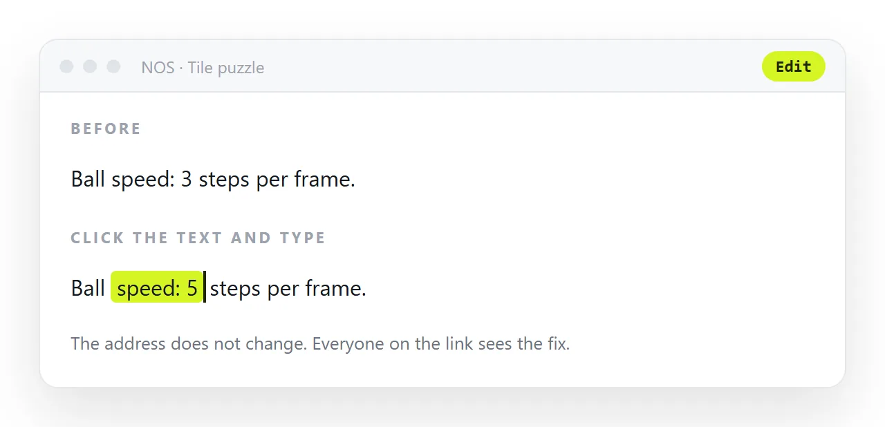Editing the speed value in the document, with the same link now serving the adjusted game.