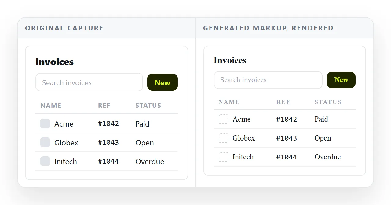 The generated markup rendered beside the original capture for comparison.