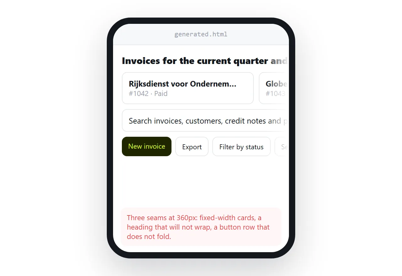 The generated page at phone width, where invented breakpoints usually show their seams.