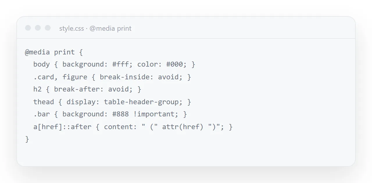Eight lines of print CSS: white background, black ink, no page break inside a card, repeat the table header.