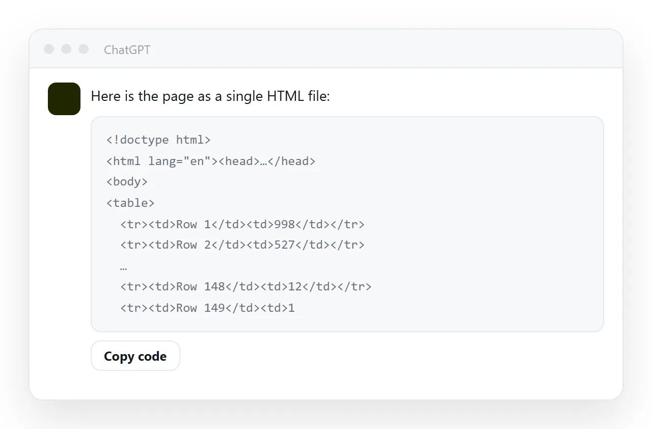 A ChatGPT response cut off mid-tag. The file ends before the closing tag and will not render.