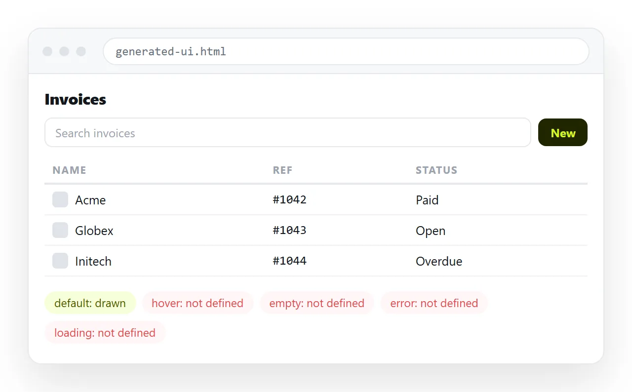A generated interface rendering in its default state, with no hover, empty or error state defined.