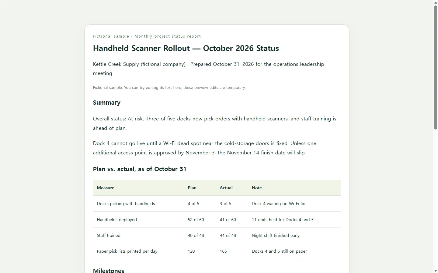 Handheld Scanner Rollout — October 2026 Status — fictional sample