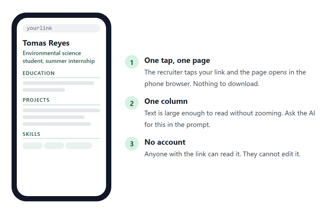 What a recruiter sees after tapping the link on a phone.