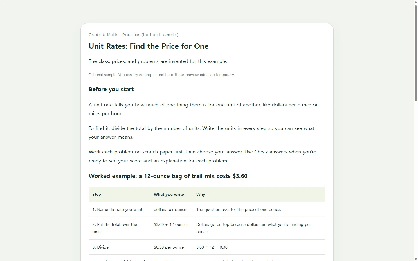 Unit Rates: Find the Price for One — fictional sample