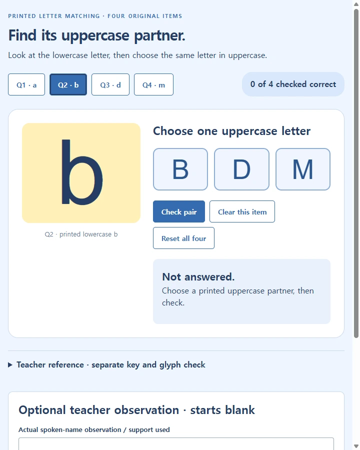 Find the uppercase partner — Have learners match a printed lowercase letter to its uppercase identity and distinguish b from d without pretending a clicked answer…
