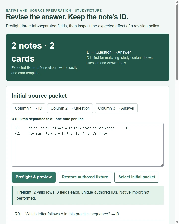 StudyFixture · Stable-ID Import Planner — Prepare stable-ID note fields and an import/update acceptance ledger instead of accidentally creating duplicate notes when wording changes.