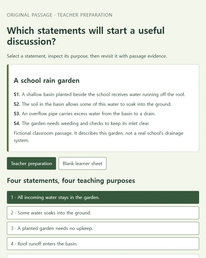 Build a rain-garden statement set and inspect its evidence and discussion stops