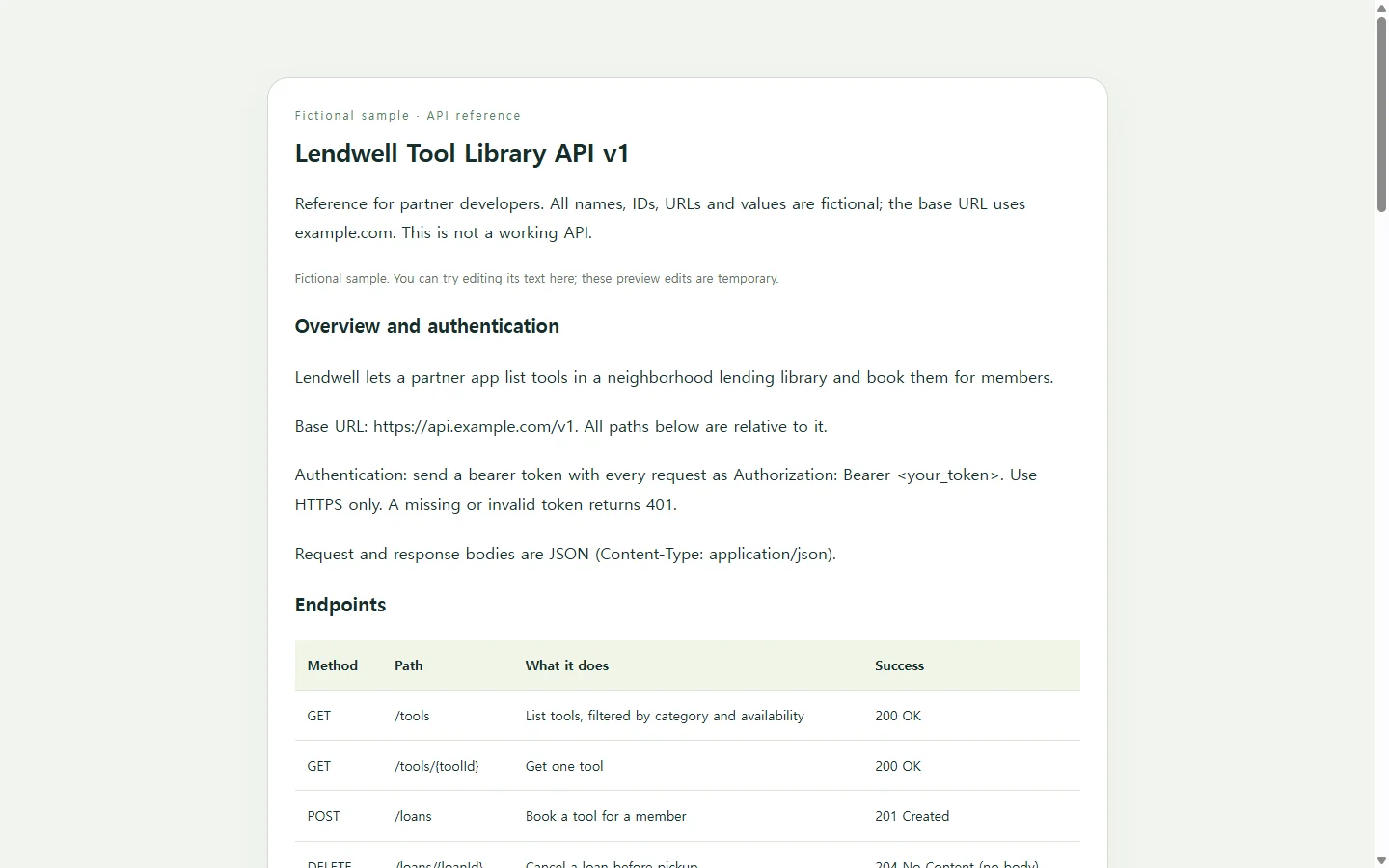 Lendwell Tool Library API v1 — fictional sample