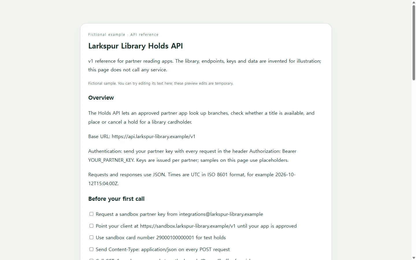 Larkspur Library Holds API — fictional sample