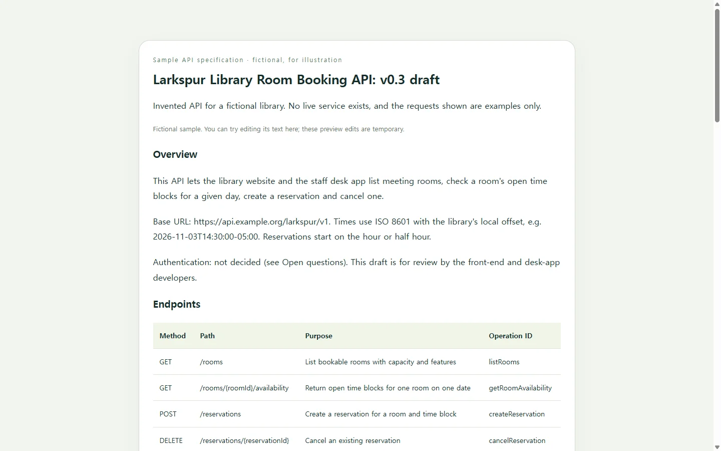 Larkspur Library Room Booking API: v0.3 draft — fictional sample