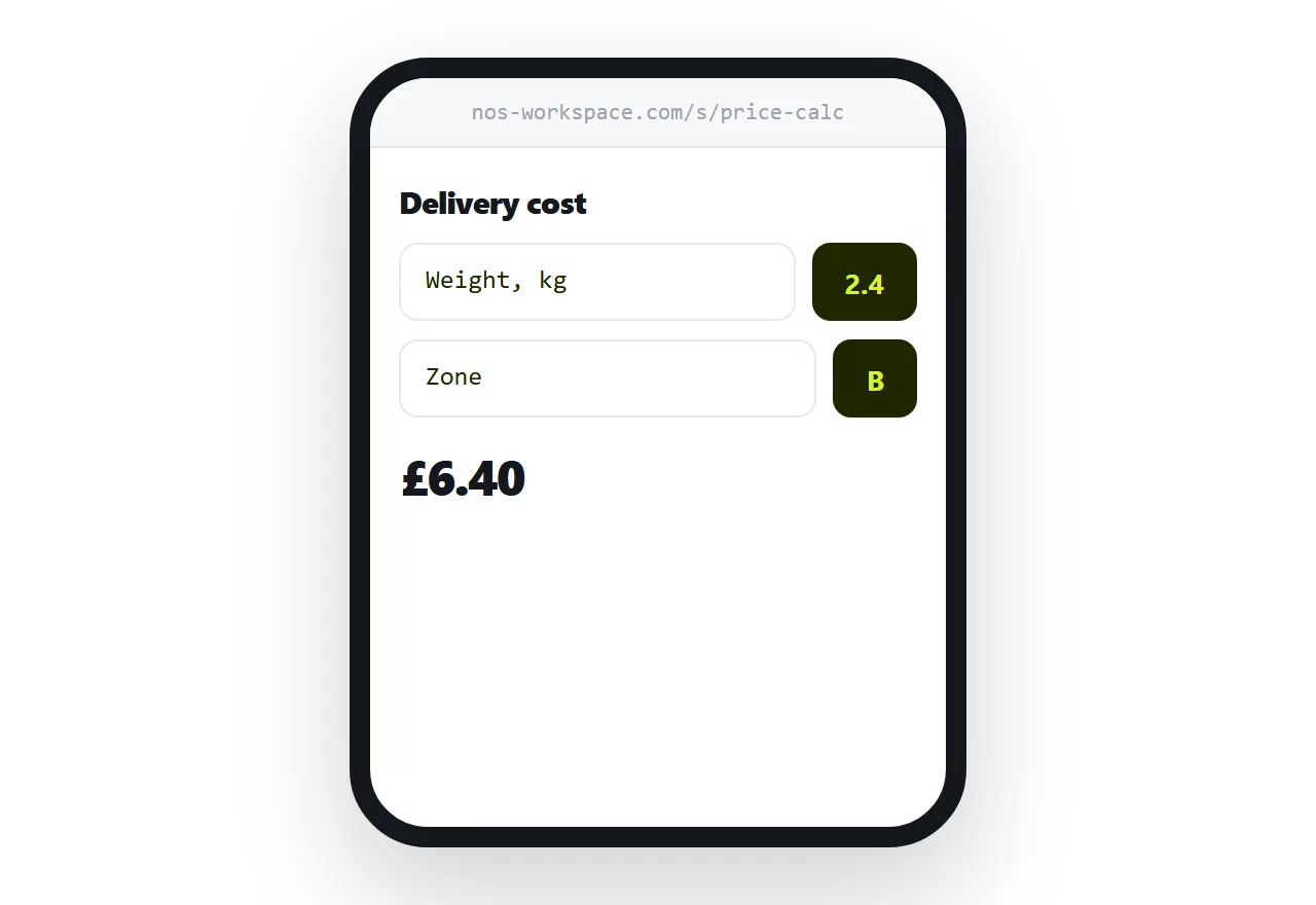 A pricing calculator running as a single page on a phone.