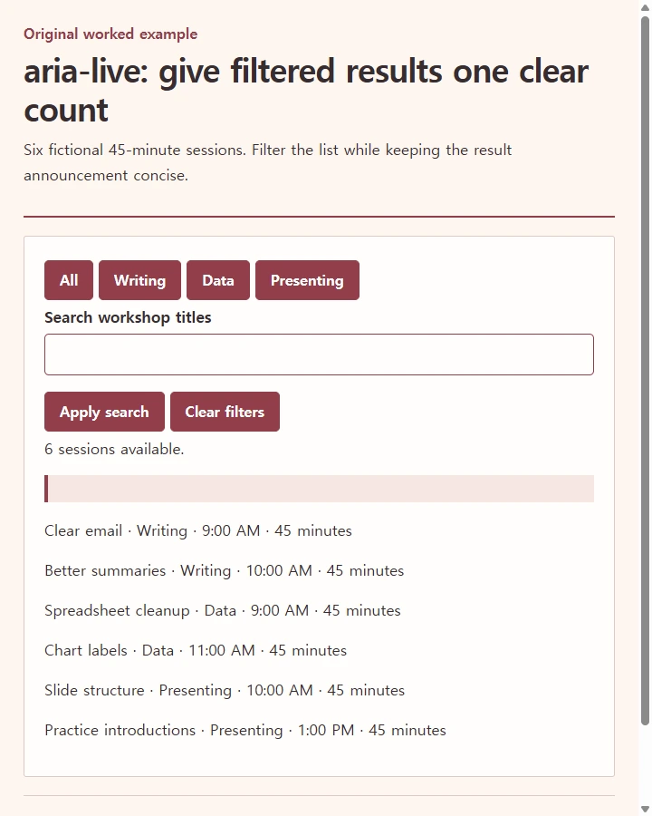 aria-live: give filtered results one clear count