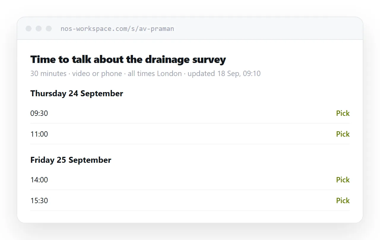 An availability page. Purpose and duration at the top, then open slots grouped by day.