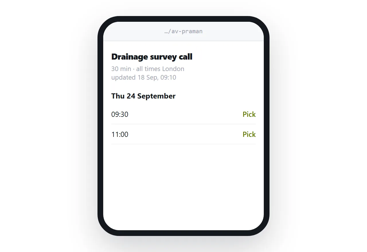 The same page on a phone. Duration and zone at the top, slots grouped by day below.