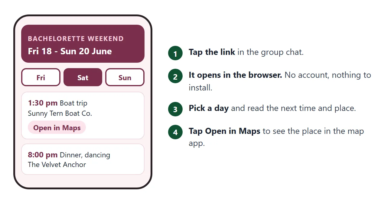 What a guest sees: tap the link, the page opens in the browser, pick a day, tap the map.