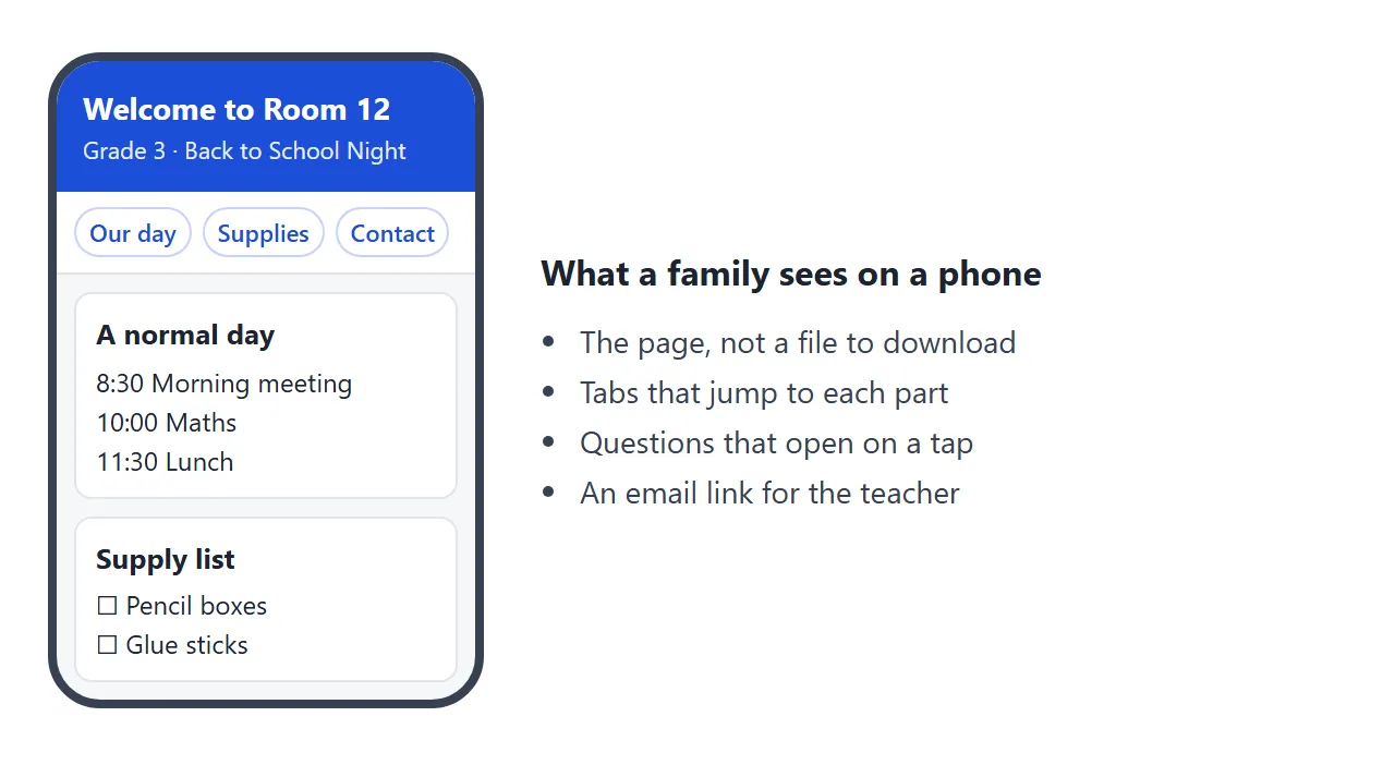 What a family sees on a phone: the page, tabs to each part, and an email link.