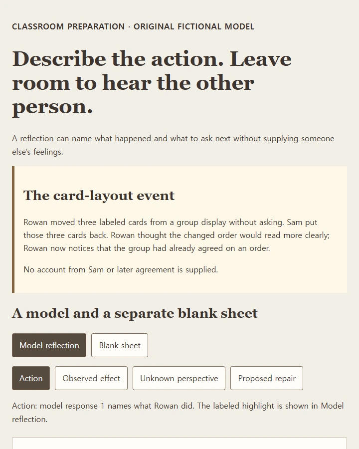 A completed card-layout reflection, a blank sheet, and a sentence to revise