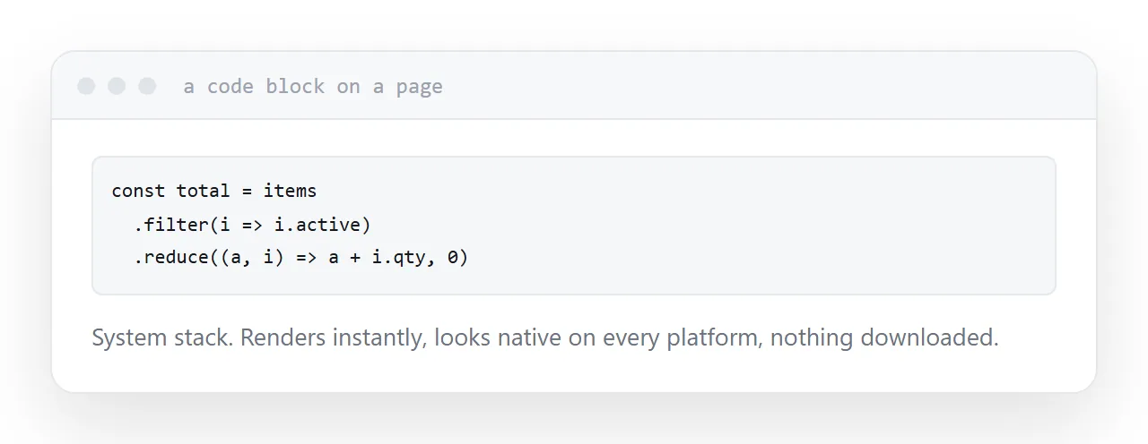 A code block set in the system monospaced stack, rendering instantly.