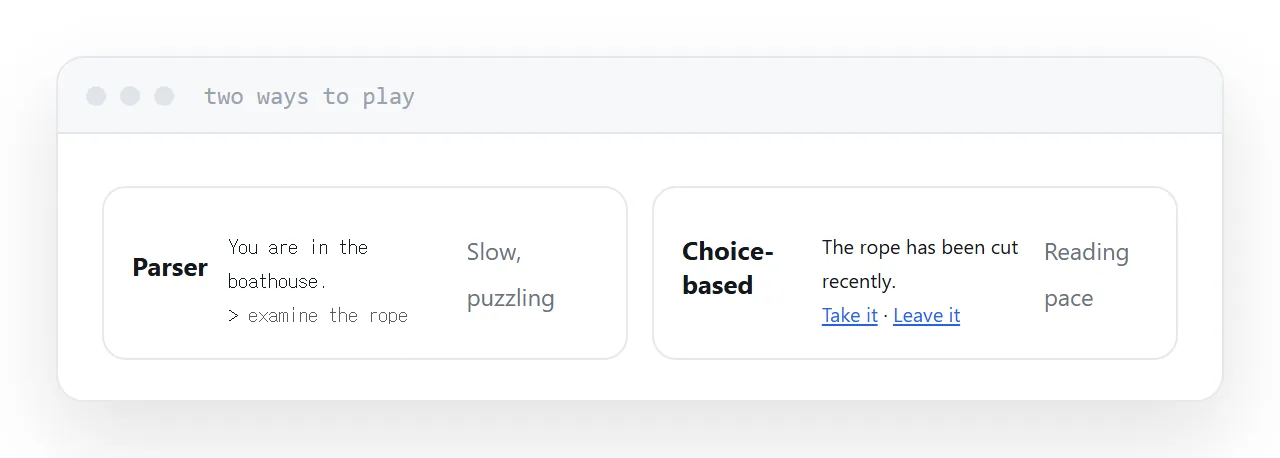 A parser game beside a choice-based game, showing how each is played.