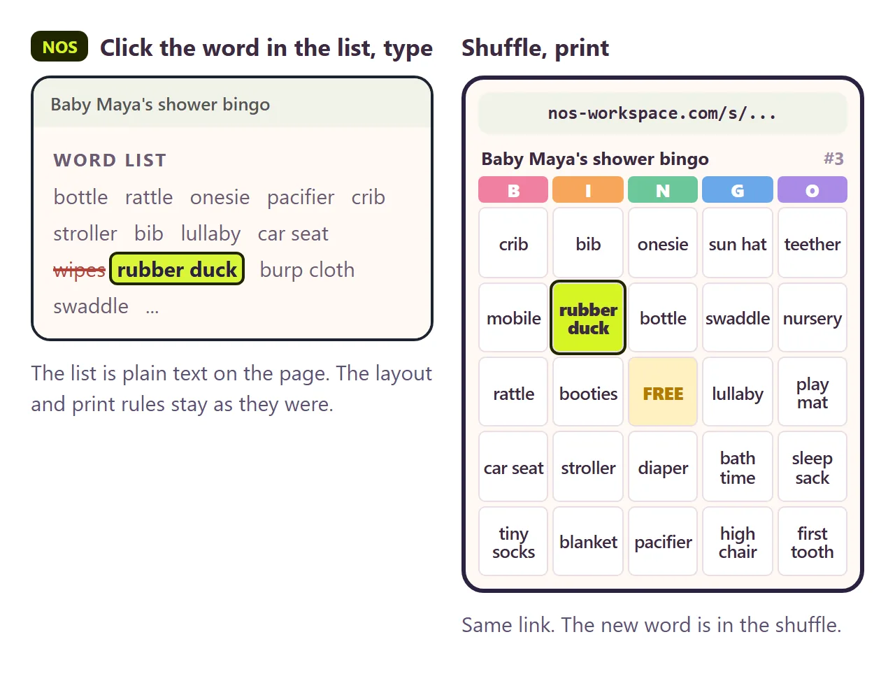 "wipes" changed to "rubber duck" in the word list on the page in NOS. The same link now deals cards with the new word.