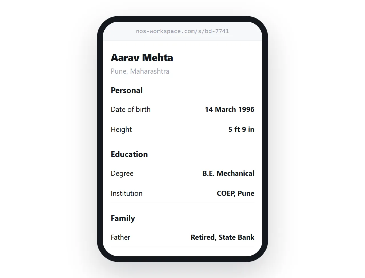 A biodata on a phone. Sections for personal, family and education details, each clearly headed.