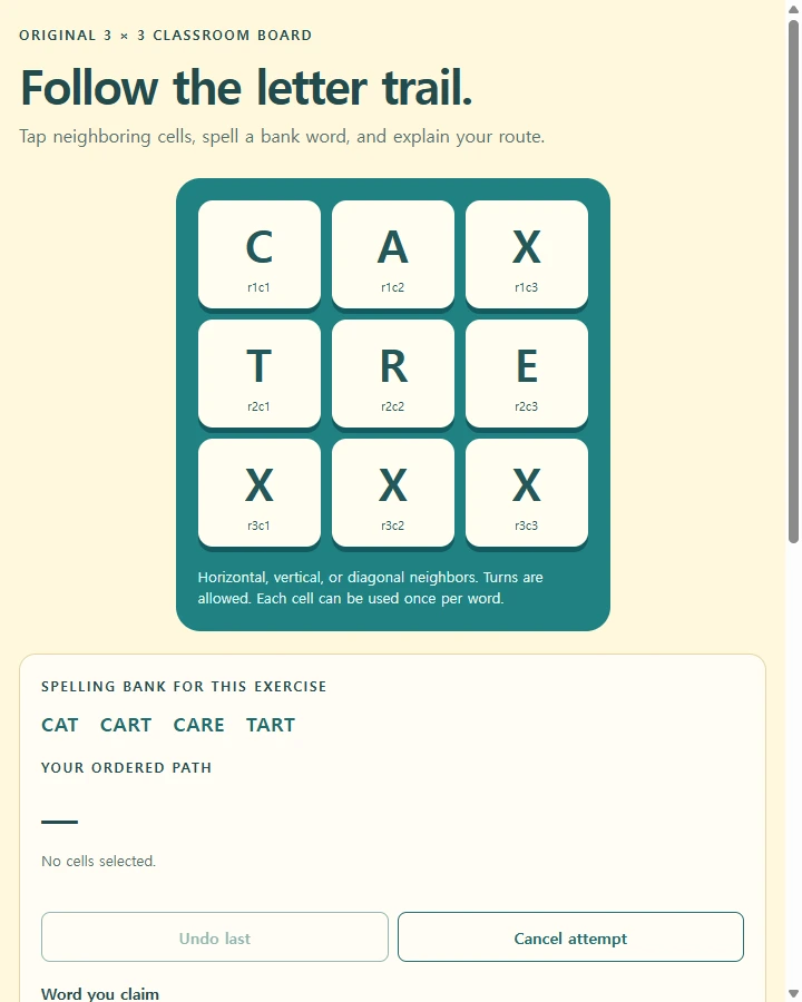 Letter trails · classroom path game — Trace a bent sequence of adjacent letter cells without reusing a cell and distinguish path validity from whether a word is accepted.