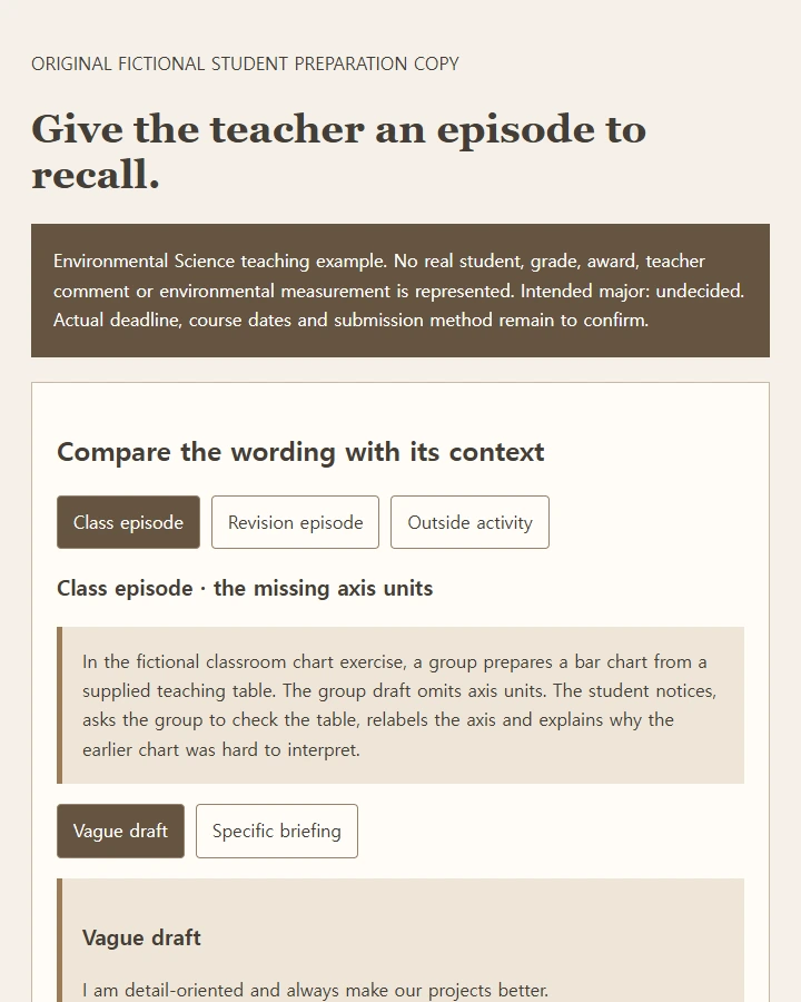 A fictional teacher briefing that replaces an adjective with a classroom episode and keeps outside activities separate