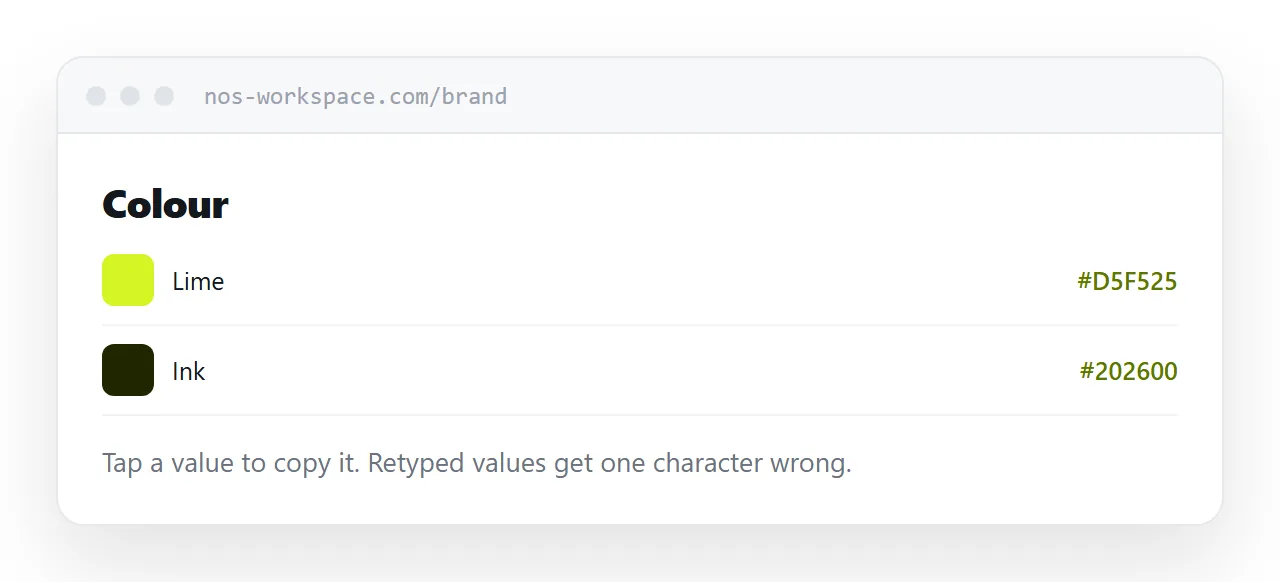 A guidelines page showing colour swatches with copyable values beside each.