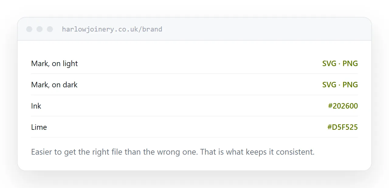 A brand page with individual logo downloads and copyable colour values.
